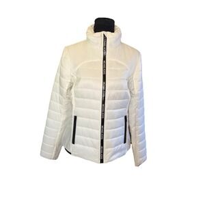 MICHAEL KORS Women White Puffer Jacket Full Zip Logo Tape Collar Mock‎ Neck M